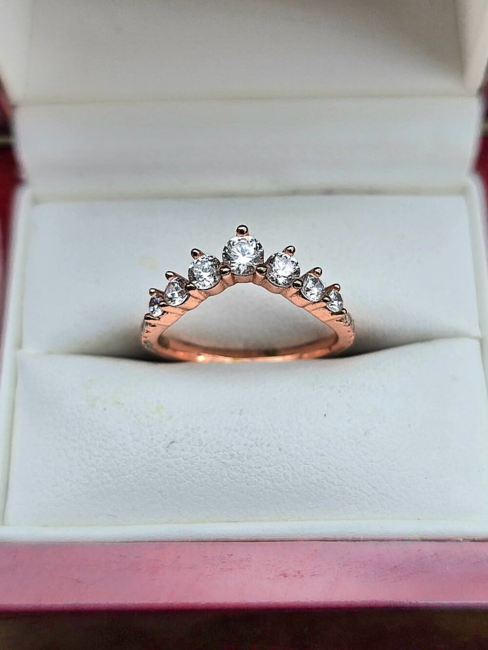 .925 Sterling Silver Rose Gold Simulated Diamond Curved Wedding Band Ring Sz 5.5